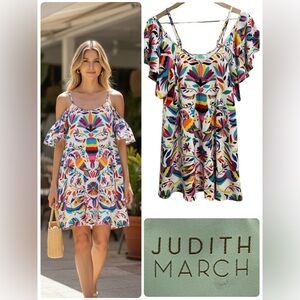 Judith March Otomi Bird Floral Cold Shoulder Mini Dress Large Retro Aesthetic